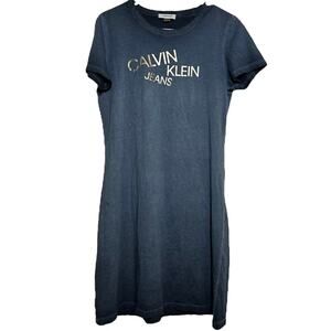 Calvin Klein T-Shirt Dress 100% Cotton Short Sleeve Crew Neck Graphic Navy M